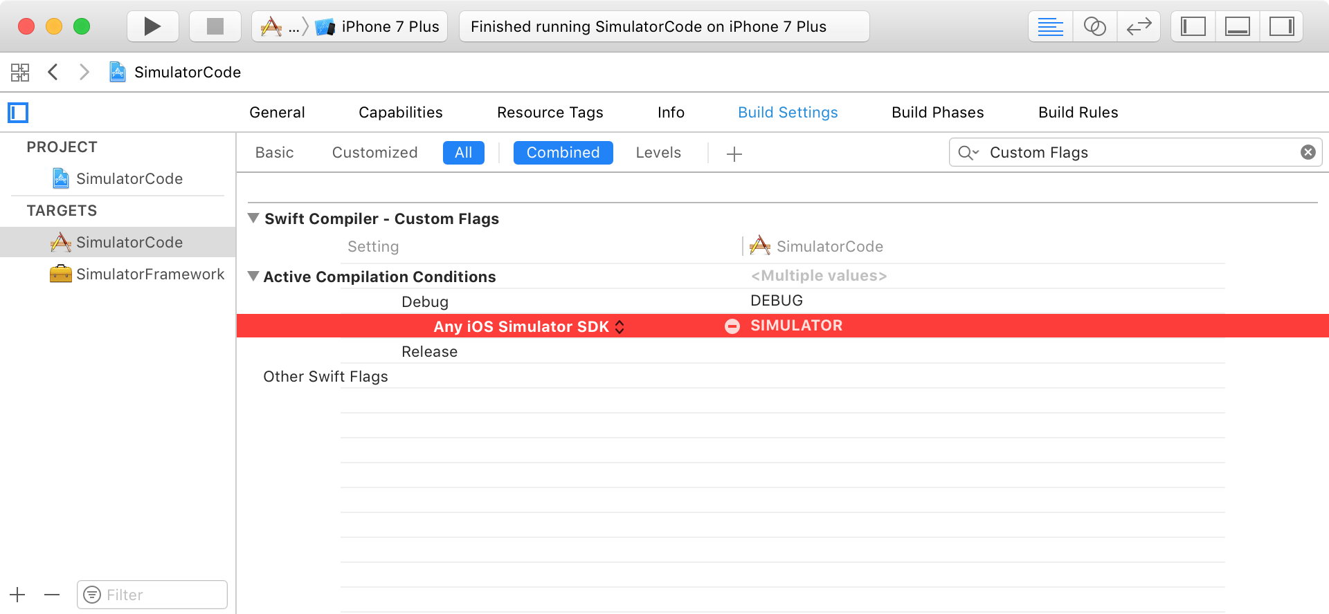 Xcode displaying the custom simulator flags build setting